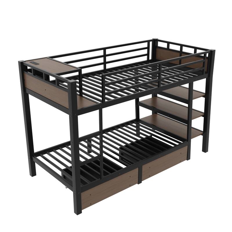 Metal Bunk Bed with Open Storage Shelves, Underbed Drawers and Built-in Desk with Charging Station for Guest Rooms or Dorms