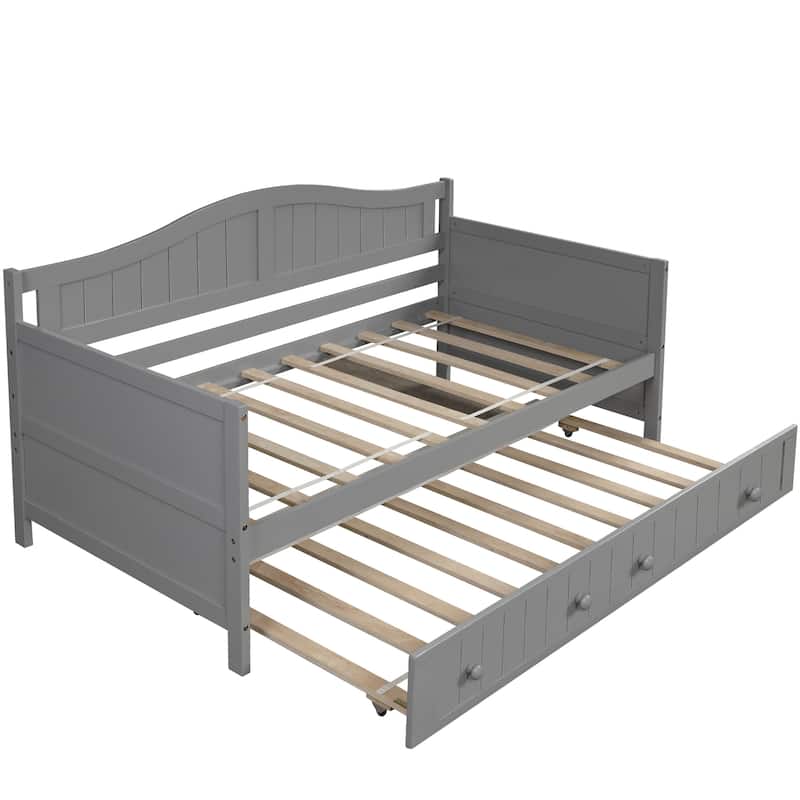 Wood Daybed Twin Size with Trundle Bed, Solid Wooden Sofa Bed Frame