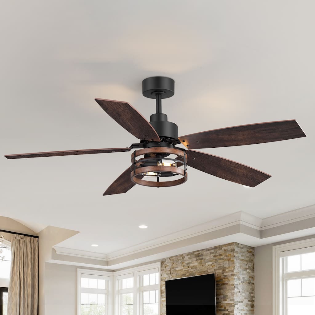 52-inch Farmhouse Ceiling Fan with Light and Remote-5 Reversible Blades