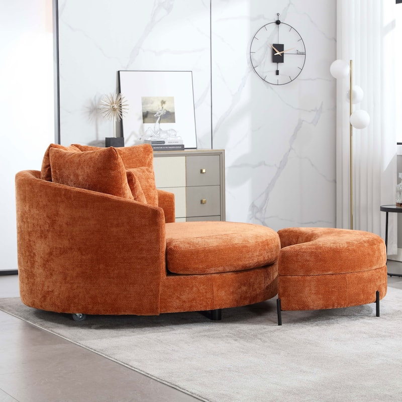 59.8''W Oversized Sofa Chair Set, Round Accent Barrel Chair With 5 Pillows and 1 Storage Ottoman