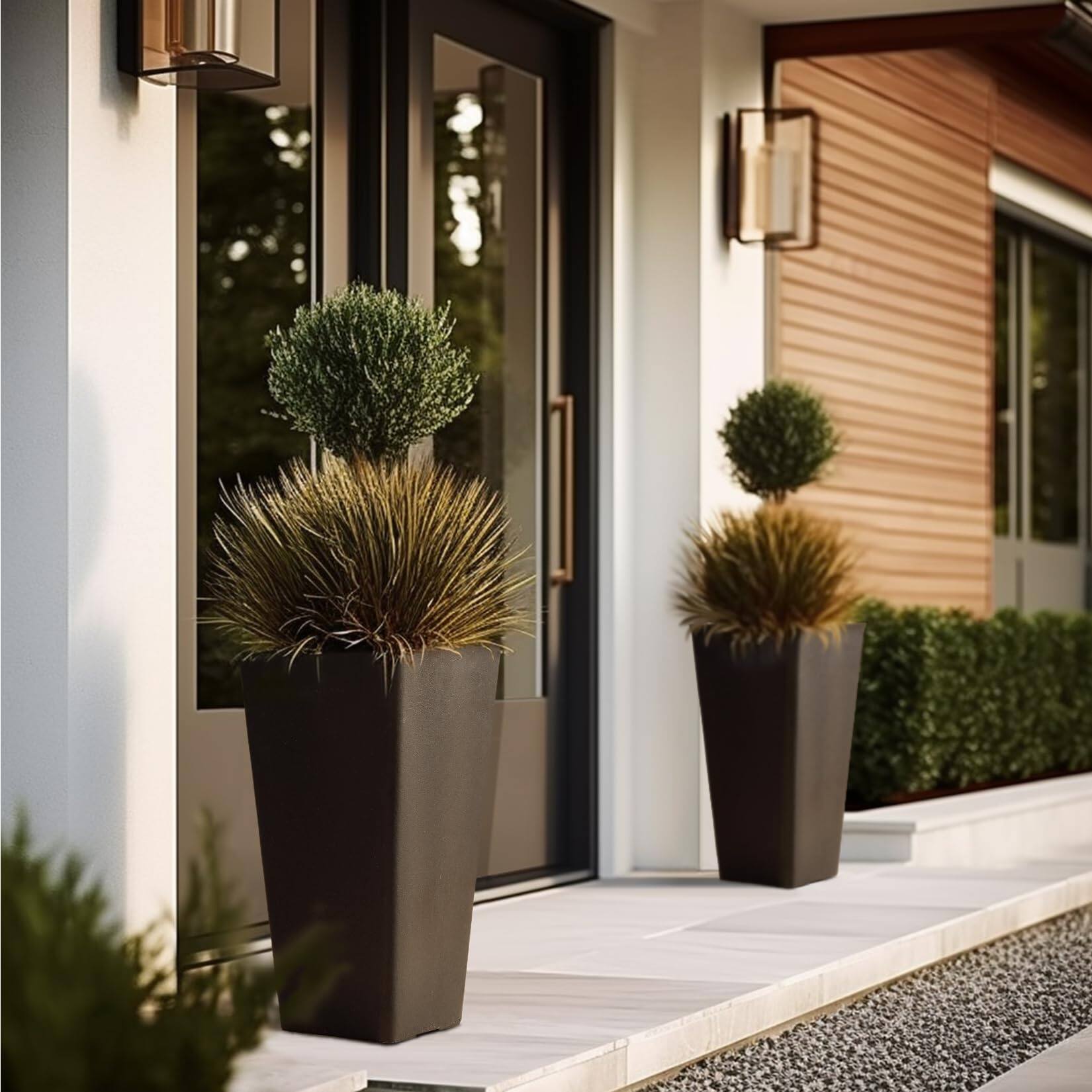 Tall Black Planters Set of 2, 26 Inch Large Outdoor Planters, Rectangle