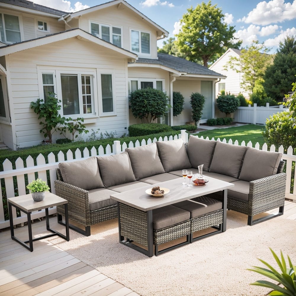 Gymojoy 5-Piece Outdoor Wicker Furniture Set, L-Shaped Sectional Sofa Set