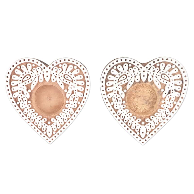 Novica Handmade Warm Heart Wood Tealight Candle Holders (Pair)