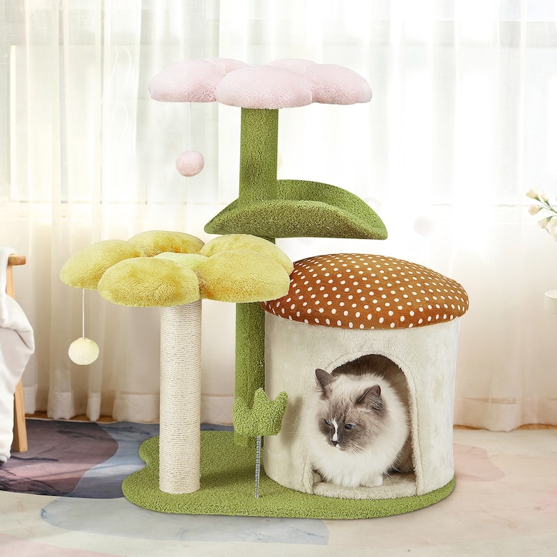 EROMMY Cat Tree – Multi-Level Cat Tower with Sisal Scratching Posts & Swing Ball, Modern Cat Furniture for Indoor Cats - Small - Green