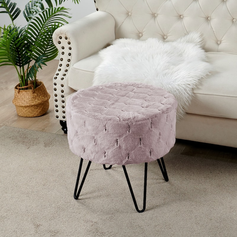 Jacquard Solid Fauxfur Round Ottoman