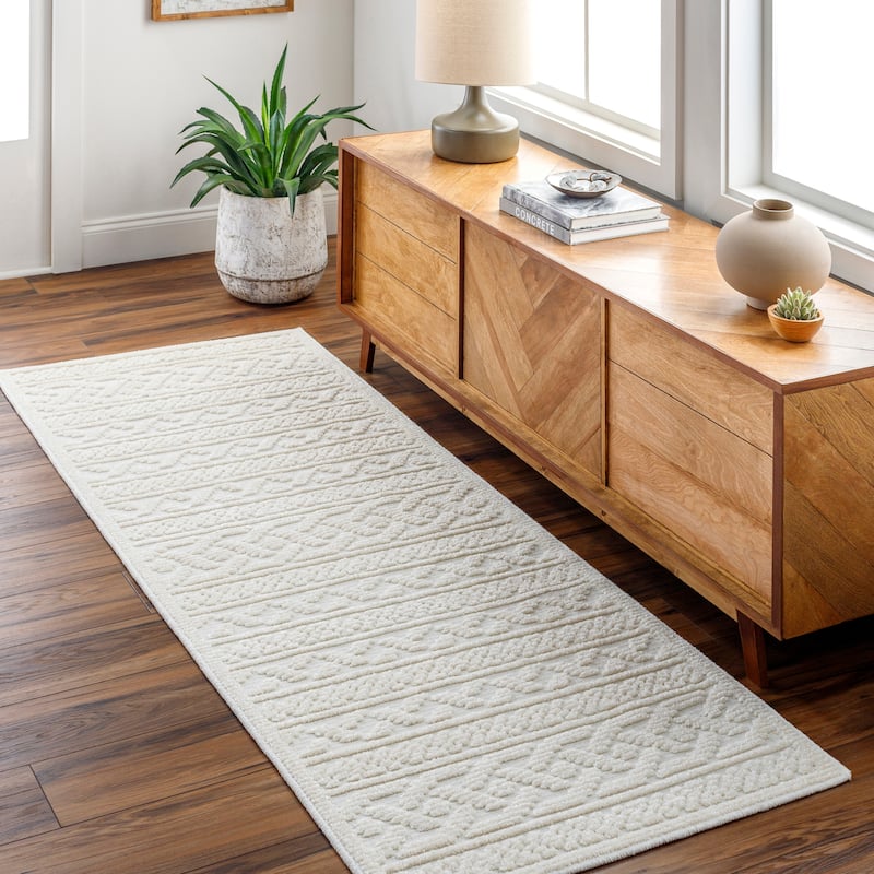 Livabliss Melitta Global Stripe Machine Washable Area Rug - 2' 7" x 7' 2" - Cream