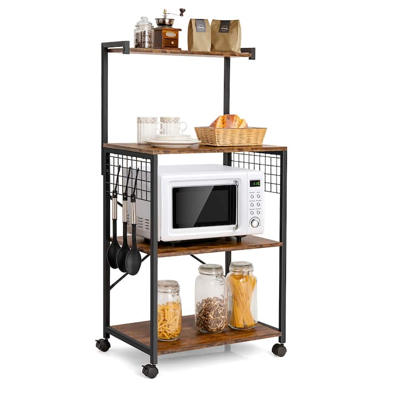 Costway 4-Tier Rolling Bakers Rack Industrial Utility Microwave Oven - Rustic Brown