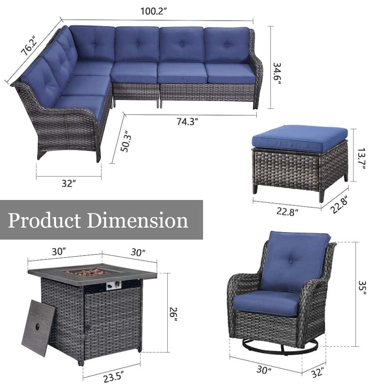 Gymojoy 6-Piece Outdoor Wicker Patio Furniture with Fire Pit and L-shaped Sectional Sofa, Coversation Set with Thick Cushions