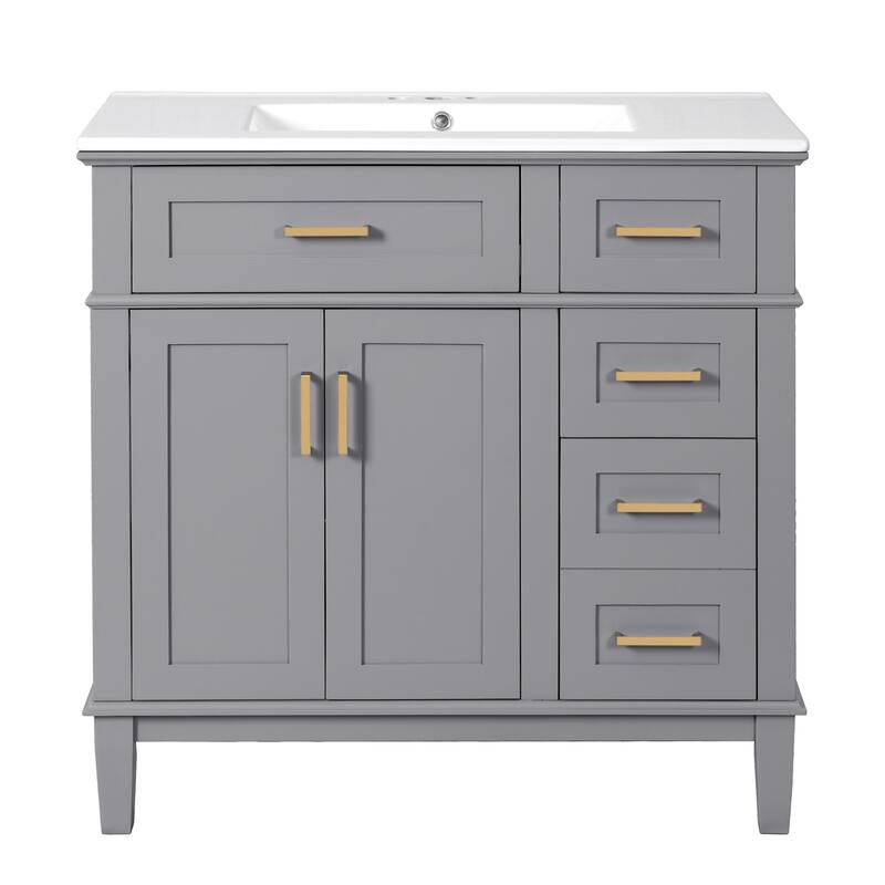 36 inch Bathroom Vanity with Ceramic Sink, Soft Close Doors, 4 Drawers