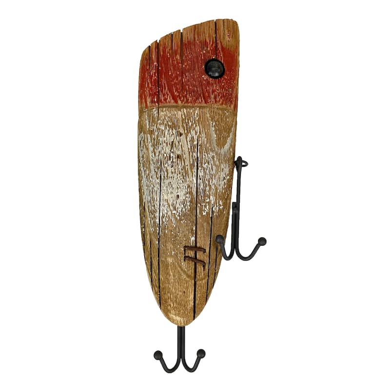 Rustic Wooden Fishing Lure Wall Hook 14In Coastal Nautical Decor - 14 X 4 X 1.75 inches