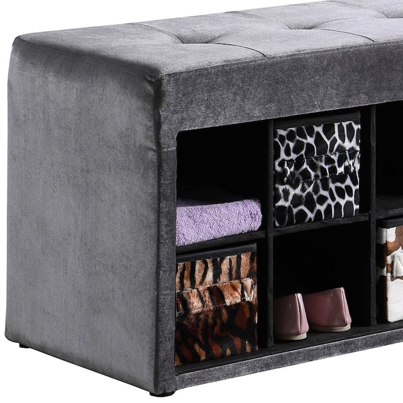 Beige Velour Storage Bench with Exotic Animal Print Baskets