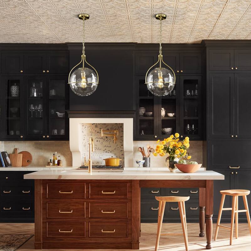 1-Light Modern Transitional Metal & Glass Pendant with Water-Ripple Glass Sphere for Living Room - 13.2" W x 19.3" H