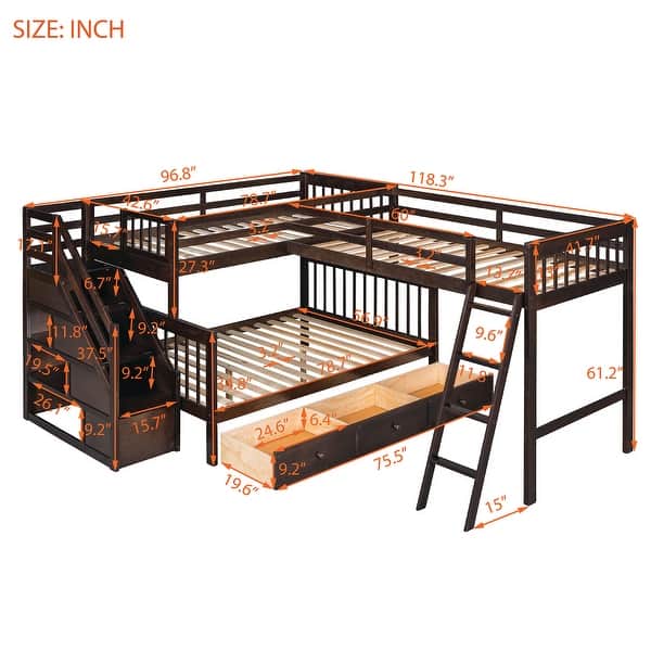 dimension image slide 1 of 3, Twin over Full L-Shaped Wooden Bunk Bed,Sloping Ladder and Staircase