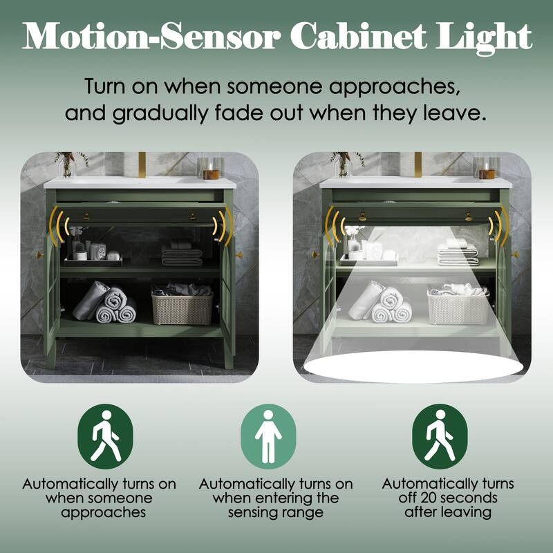 35.6-Inch Mid-Century Bathroom Vanity Sink with Patterned Glass & Motion-Sensor Light, Farmhouse Storage Vanity