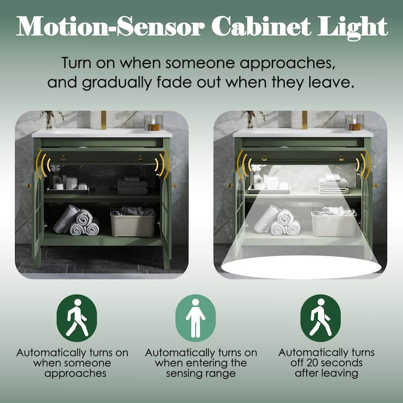 Modern Single Sink Bathroom Vanity Cabinet with Motion-sensor Light Strip & Patterned Glass, Ceramic Integrated Basin