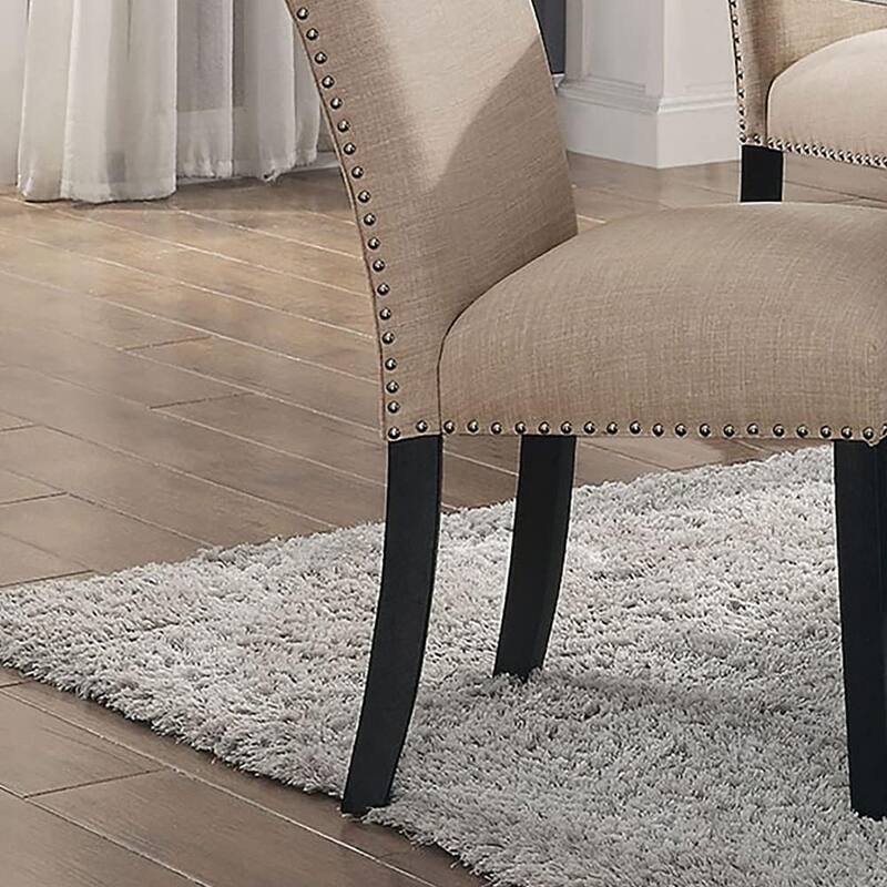 Beige Linen Like Fabric Contemporary 2pc Dining Side Chairs Nalihead Trim Black Solid wood Legs Dining Room Chairs