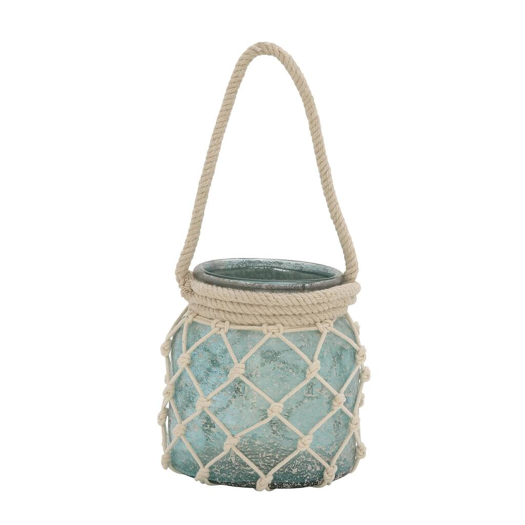 Glass Decorative Candle Lantern with Rope Handle - Blue - Roche River Decor