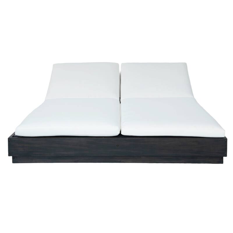 Christopher Knight Home - Outdoor Acacia Wood 5-Position Adjustable Double Sunlounge Set with 10.8" Ceramic Tile Side Table