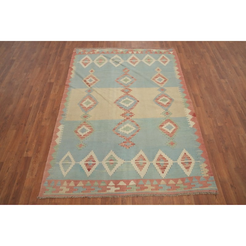 Hand Woven Oriental 100% Wool Carpet Southwestern Tribal Navy Blue & Blues Kilim Area Rug - 6' 8'' X 4' 10''