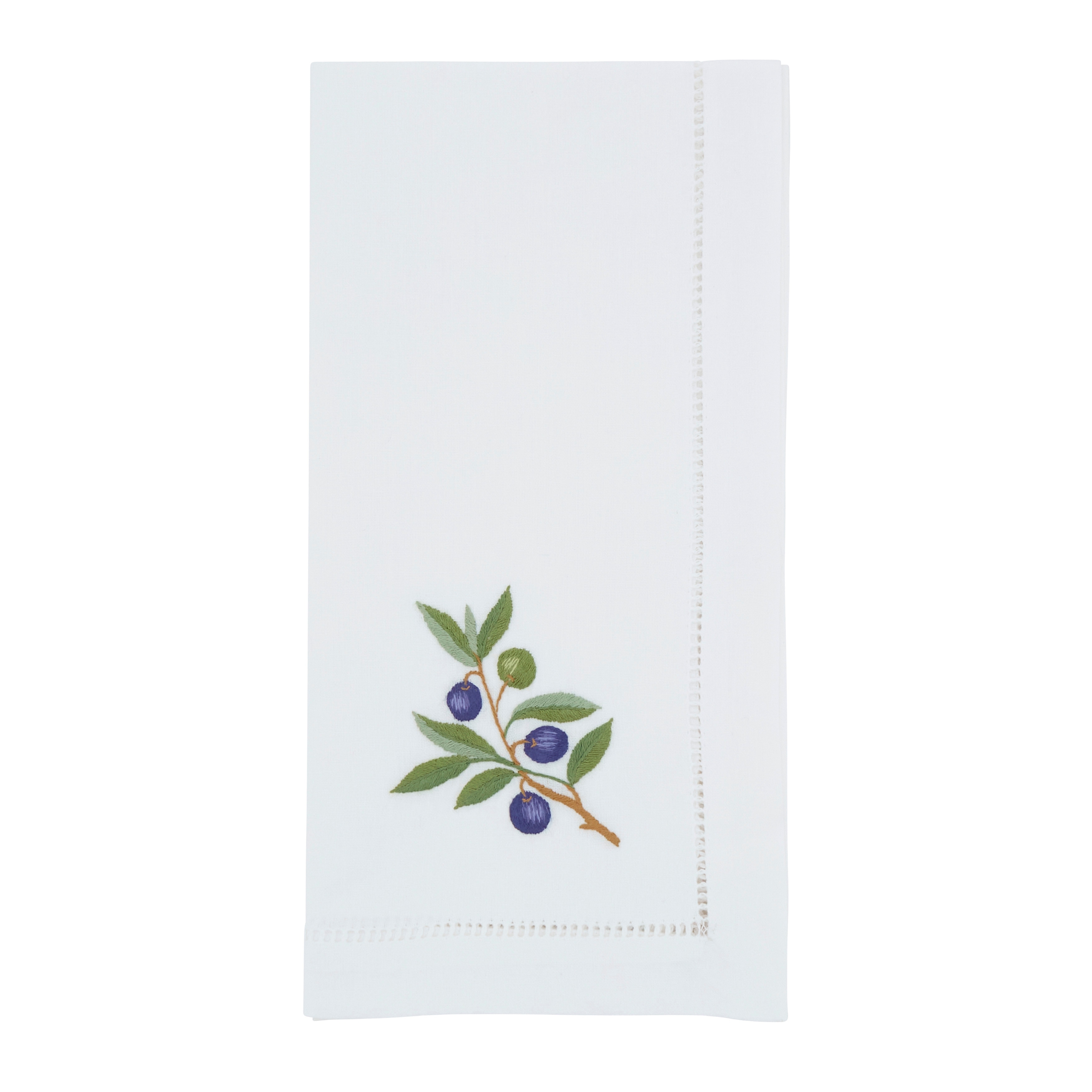 Embroidered Olive Cotton Decorative Napkins (Set of 6) - Hemstitch Border with Botanical Olive Branch Motif, 20"x20"