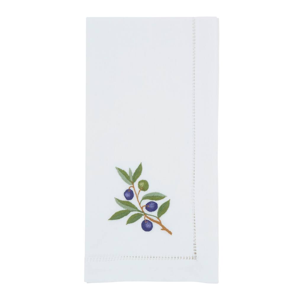 Embroidered Olive Cotton Decorative Napkins (Set of 6) - Hemstitch Border with Botanical Olive Branch Motif, 20"x20"