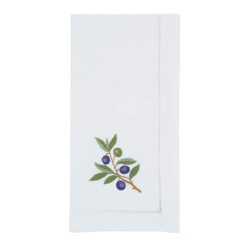 Embroidered Olive Cotton Decorative Napkins (Set of 6) - Hemstitch Border with Botanical Olive Branch Motif, 20"x20" - Set of 6