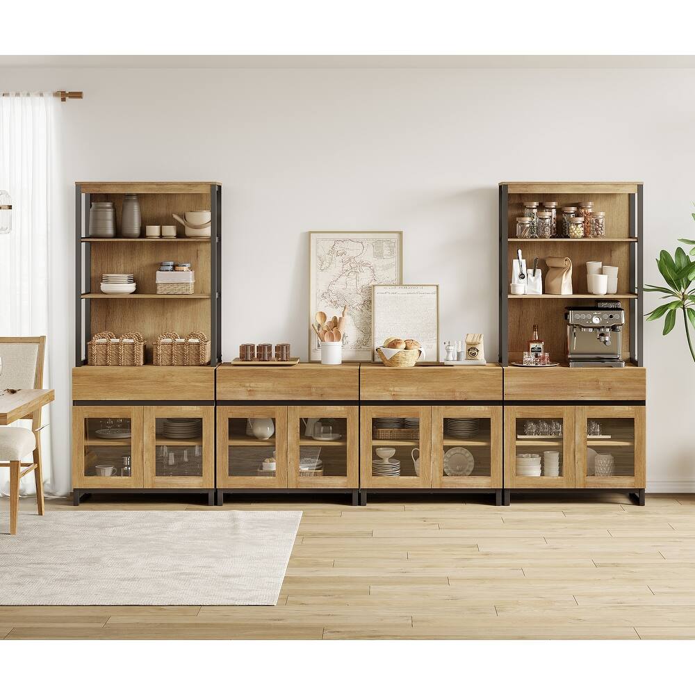 Modern Farmhouse Buffet Cabinet with 3 Tiers and 4 Cabinets, Wooden Sideboard for Dining Room or Kitchen