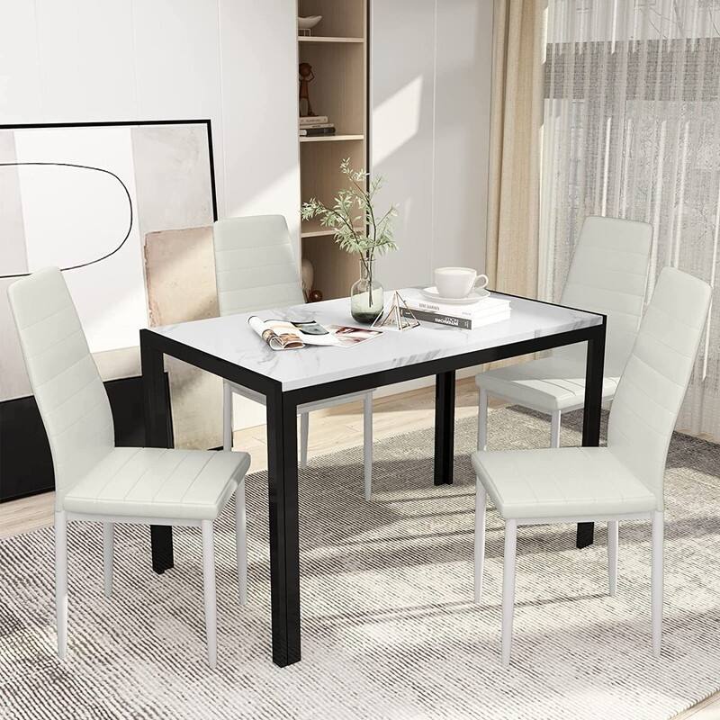 Eureka 5 Piece Modern Faux Marble Dining Set, Kitchen Table Set with 4 Upholstered PU Leather Chairs, Dining Table Set