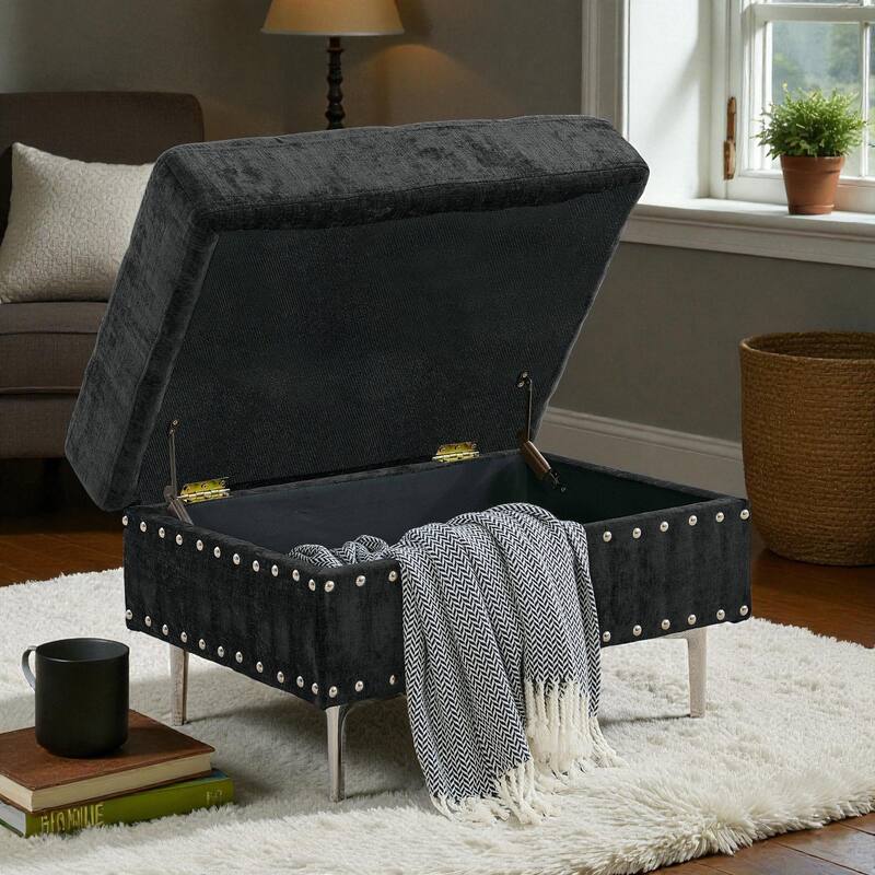 102" 3-Seater L-Shaped Sectional Sofa with Chaise and Storage Ottoman, Chenille Upholstery, Metal Legs, Rivet Trim & 2 Pillows