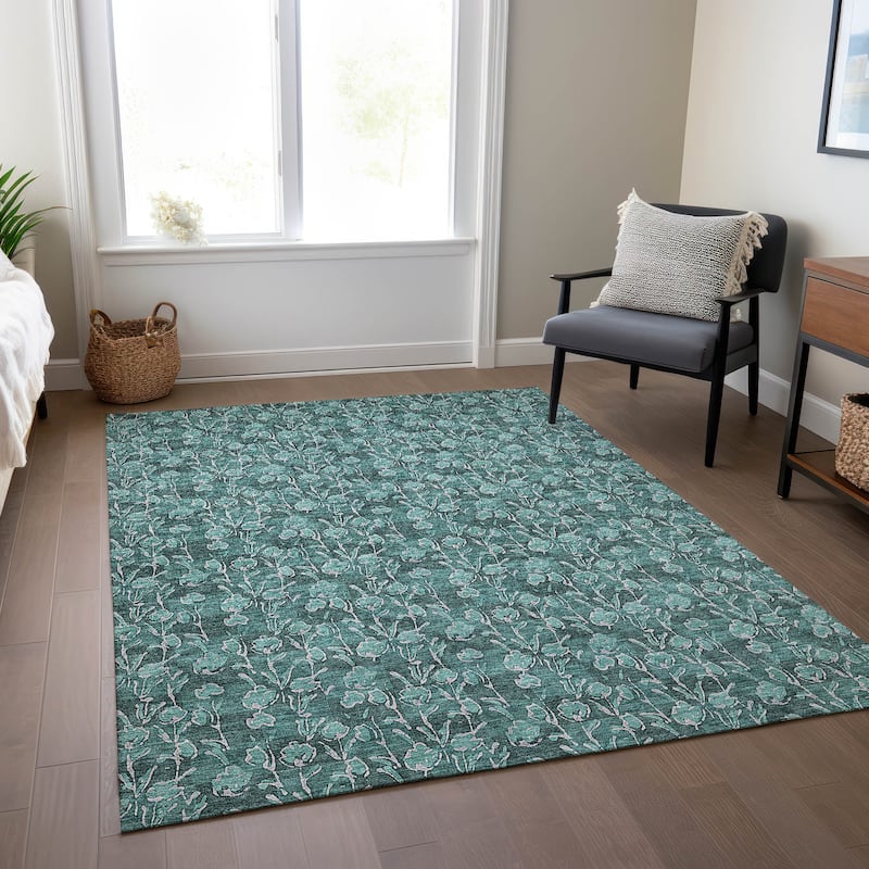 Machine Washable Indoor/ Outdoor Chantille Modern Floral Impressions Rug - Teal - 2'6" x 3'10"