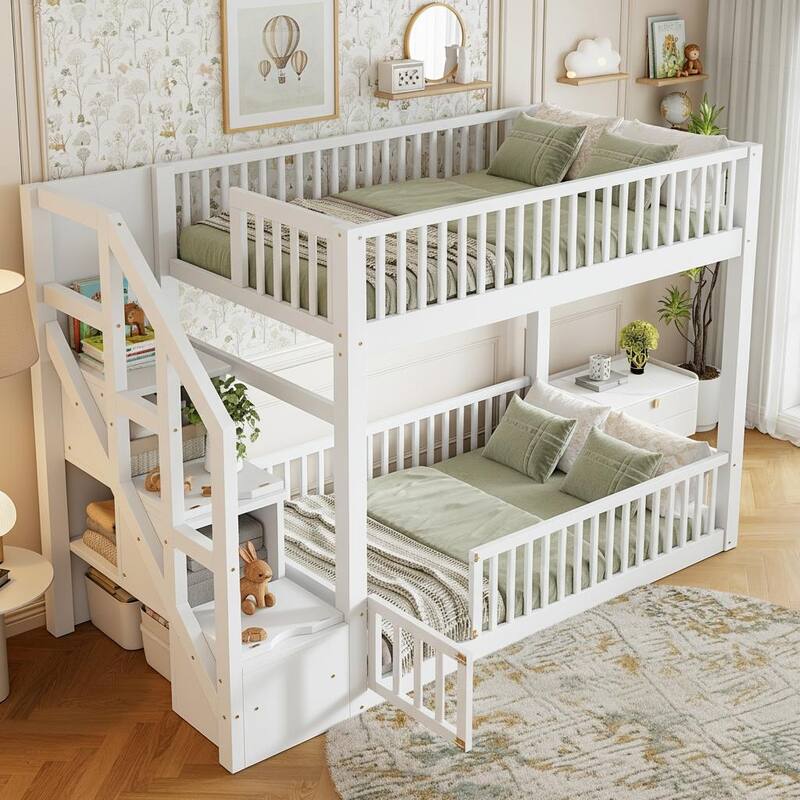 Twin Over Twin Wood Bunk Bed with Reversible Storage Stairs by Harper&Bright Designs.