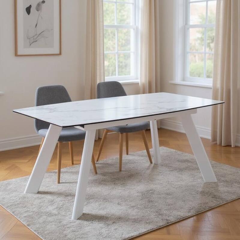 HomeRoots 71" Gray and White Ceramic and Metal Self-Storing Leaf Extendable Dining Table - 71.00 in. x 29.50 in. x 35.50 in. - White/Gray - 71.00 in. x 29.50 in.  x 35.50 in.