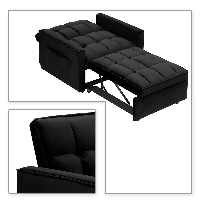 Classic Velvet Upholstered Convertible Futon Chair with Side Storage Pockets