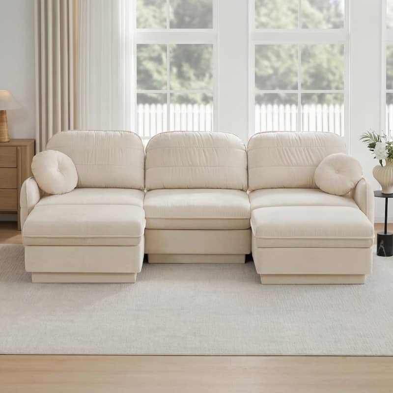 105" Chenille Sectional Sofa with 2 Round Pillows and 2 Movable Ottomans