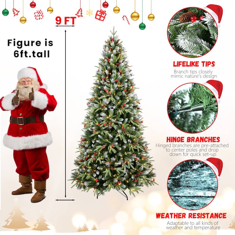 7.5FT Christmas Tree with 500 Warm White LED Lights-2514 Snow-Tipped PE+PVC Branches,Red Berries & Pine Cones,Metal Stand