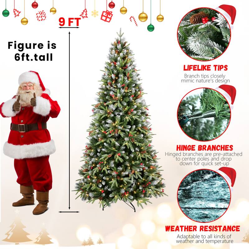 8FT Christmas Tree with 600 Warm White LED Lights-2850 Snow-Tipped PE+PVC Branches, Red Berries & Pine Cones,Hinged Design