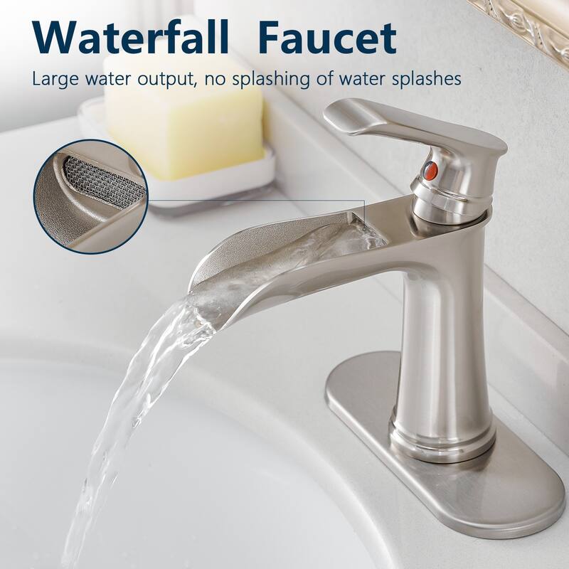 Modern Single Handle Single Hole Bathroom Sink Faucet with Pop Up Drain and Supply Line, Waterfall Spout Design