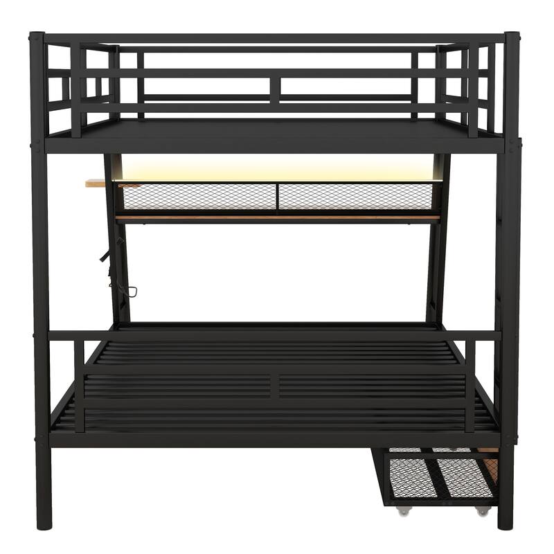 Full Metal Bunk Bed with Desk, Light, and Storage Drawers - Space-Saving Solution