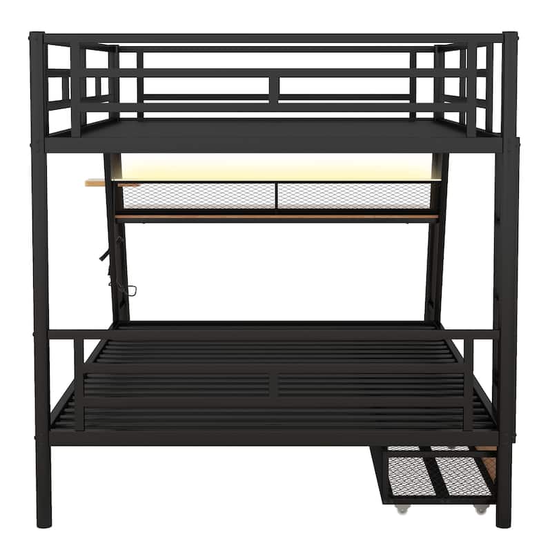 Full Size Metal Bunk Bed with Built-in Desk, Light, and 2 Drawers - Black