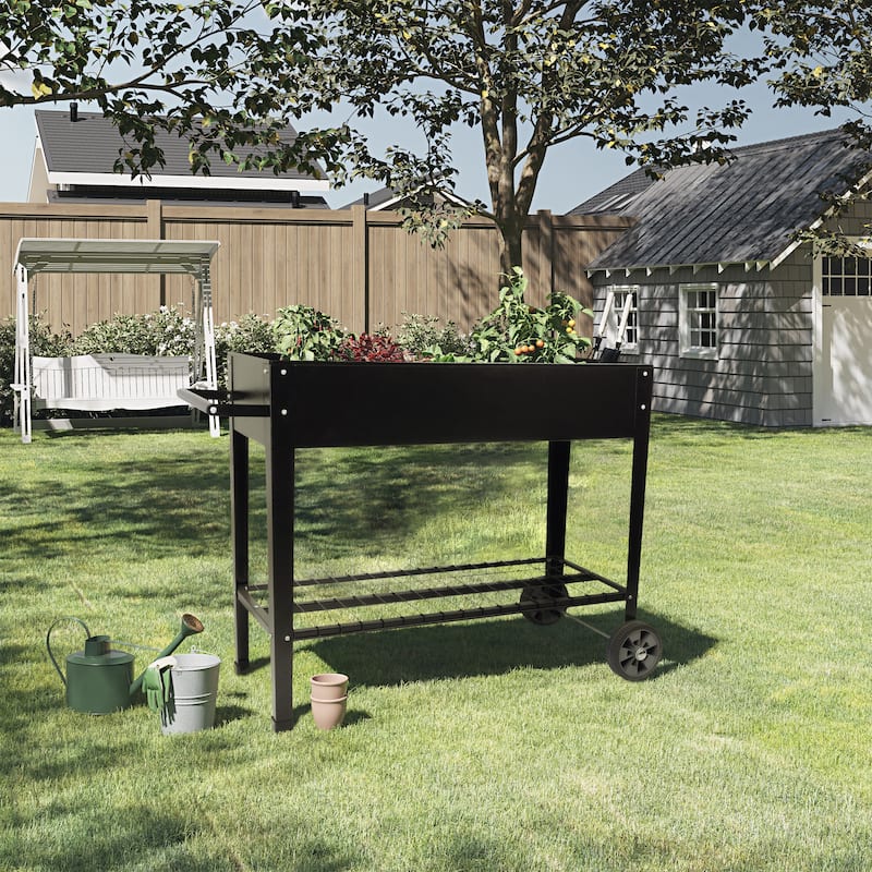 Raised Garden Bed - Planter Box with Storage Shelf by Pure Garden (Black) - Black