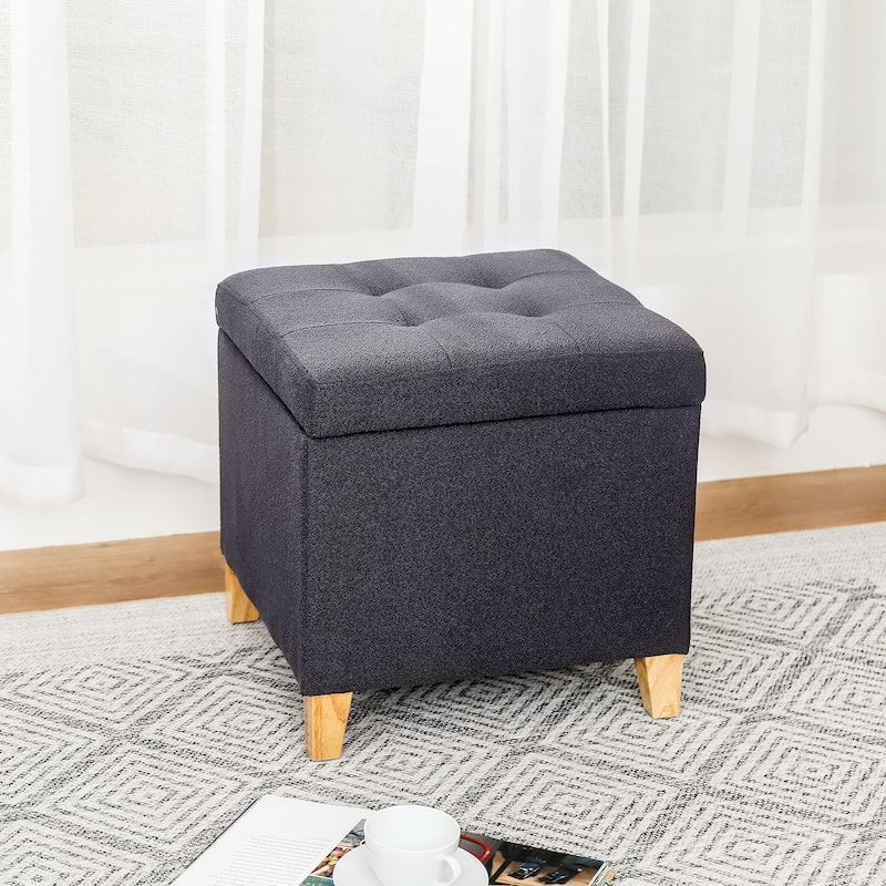 Adeco Bonded Leather Square Tufted Cubic Cube Storage Ottomans - Dark-Grey-Fabric-Natural-Legs