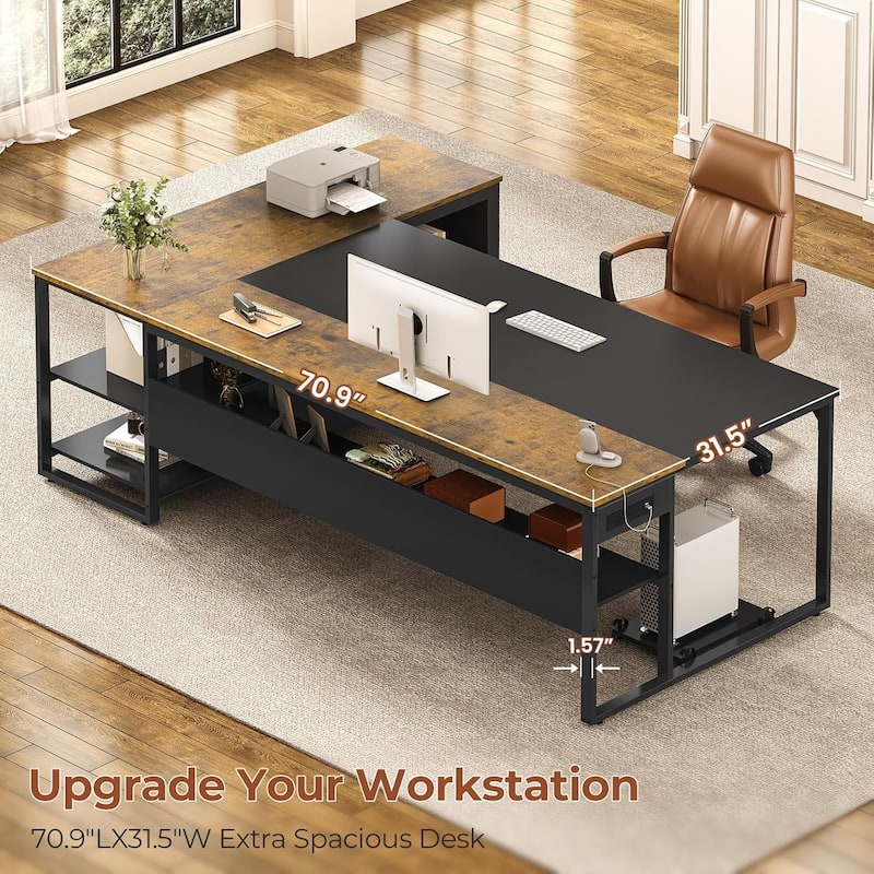 Executive Desk L Shaped Desk File Drawers Power Outlets Computer Desk