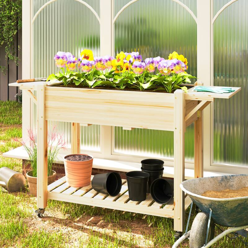Raised Garden Bed with Storage Shelf and Foldable Ledges Fir Wood Planter for Indoor Outdoor Gardening