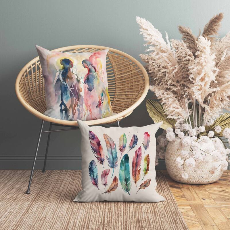 Two Human Feathers Indoor/Outdoor Reversible Throw Pillow Pink and Multi