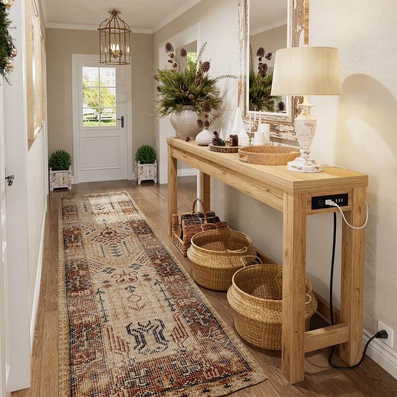 63-In Console Table with Charging Station, Farmhouse Entryway Table/ Behind Couch Table