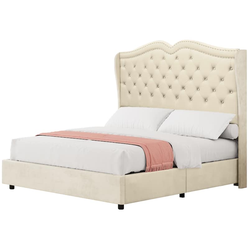 Moasis Queen Lift Up Storage Bed with Headboard 51.6"Tall - Beige - Queen