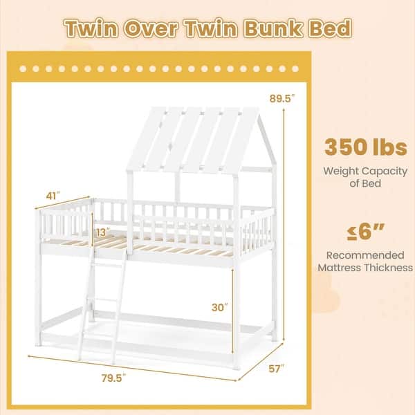 Costway Twin Over Twin House Bunk Bed with Roof, Ladder & Full-length