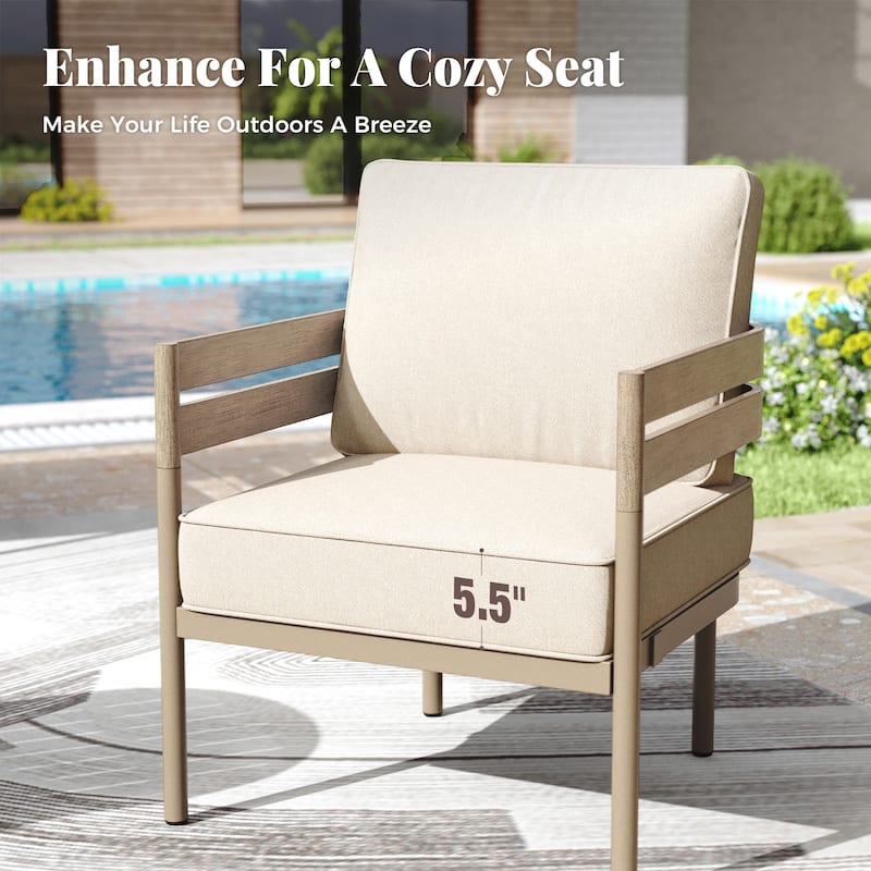 MAISON ARTS 5-Seater Patio Conversation Set Curved Metal Wood-Like Sofa Set