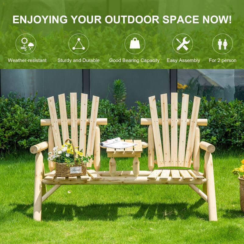 Outsunny 2-Seat Wooden Adirondack Chair, Patio Bench With Table, Outdoor Loveseat Fire Pit Chair For Porch, Backyard, Deck