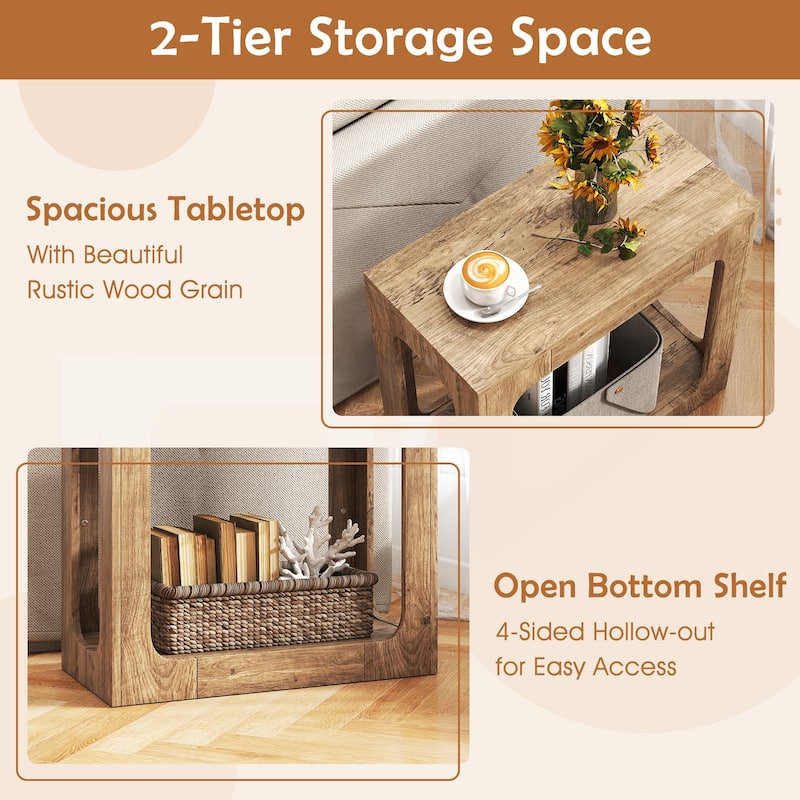 Modern 2 Tier Oak Wooden Storage Side Table for Living Room Bedroom or Small Spaces - 23.5" x 12" x 22"